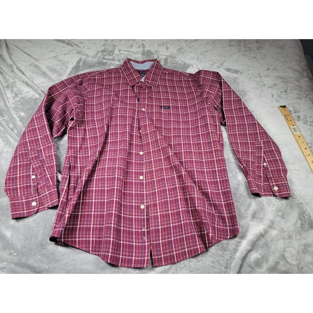 Chaps Button Up Shirt Mens Large Red Blue Plaid Long Sleeve‎ Stretch Easy Care